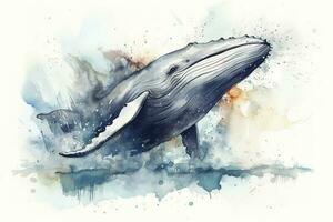 un' balena varco nel un' tempestoso oceano acquerello la pittura, bellissimo naturale le forme, croccante pulito forme, colorato, bianca sfondo, creare ai foto
