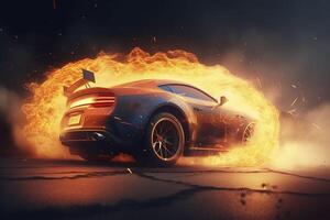 3d rendering, gli sport auto da corsa su gara traccia con il fuoco bruciando, auto ruota alla deriva, generativo ai foto