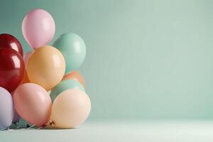 colorato elio palloncini su leggero pastello sfondo con gratuito spazio per testo. compleanno celebrazione, nozze o bambino doccia arredamento. creativo idea per festa e celebrazione, saluto carta. ai generato. foto