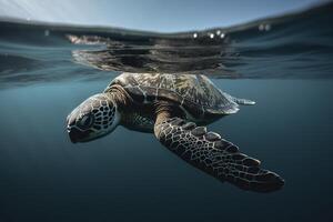 ai illustrazione di un' tartaruga catturato con pesca rete. il concetto di ambientale protezione. mare, oceano tartaruga bisogno per essere liberato a partire dal pesca reti. no per morto tartarughe. generativo ai foto