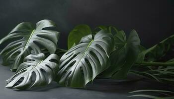 tropicale palma Monstera le foglie isolato su grigio tavolo sfondo. , creare ai foto