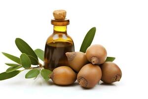 argan semi isolato su un' bianca bandiera sfondo. argan olio noccioline con pianta. cosmetici e naturale oli sfondo, creare ai foto