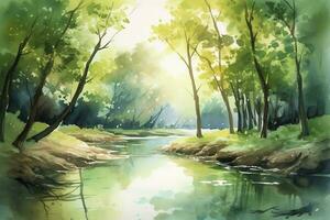 dipingere un' acquerello paesaggio di un' foresta con un' avvolgimento ruscello o fiume, con dettagliato alberi, fogliame, e riflessi su il acqua, creare ai foto