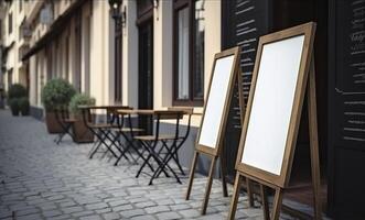 vuoto ristorante negozio cartello o menù tavole vicino il Ingresso per ristorante. bar menù su il strada. lavagna cartello nel davanti di un' ristorante. cartello, indipendente una cornice lavagna. ai generato. foto