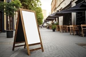 vuoto ristorante negozio cartello o menù tavole vicino il Ingresso per ristorante. bar menù su il strada. lavagna cartello nel davanti di un' ristorante. cartello, indipendente una cornice lavagna. ai generato. foto