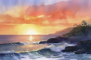 acquerello pittura di un' costiero scena, Compreso rotolamento onde, sabbioso spiagge, e un' colorato cielo a Alba o tramonto, creare ai foto