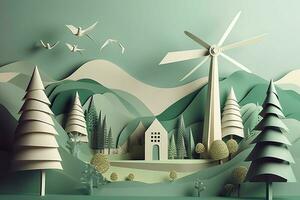 carta arte, rinnovabile energia con verde energia come come vento turbine, rinnovabile energia di 2050 carbonio neutro energia, energia consumo, e co2, ridurre co2 emissione concetto, creare ai foto