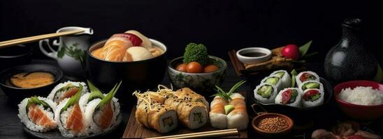 tradizionale giapponese cibo piatti su nero sfondo, creare ai foto