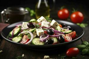 greco insalata con fresco la verdura, feta formaggio, calamata olive, secco origano, rosso vino aceto e oliva olio. salutare cibo, creare ai foto