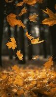 volante autunno acero le foglie su autunno sfondo. caduta foglie, di stagione bandiera con autunno fogliame, creare ai foto