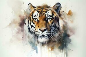 dipingere un' realistico ritratto di un' tigre nel il giungla acquerello la pittura, bellissimo naturale le forme, croccante pulito forme, colorato, bianca sfondo, creare ai foto