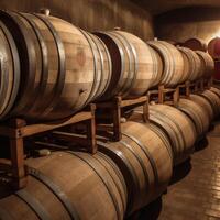 Conservazione di vino nel di legno botti ai generato foto