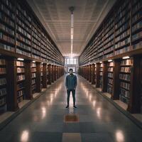 uomo in piedi nel il mezzo di biblioteca ai generato foto