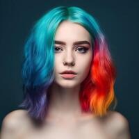 ragazza con arcobaleno capelli su blu sfondo ai generato foto