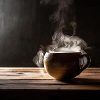 streaming caldo tè su di legno tavolo ai generato foto