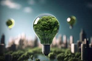 energia consumo e co2 gas emissioni siamo crescente leggero bulbi con verde eco città, rinnovabile energia di 2050 carbonio neutro energia, Salva energia creativo idea concetto, generativo ai. foto