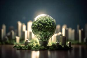 energia consumo e co2 gas emissioni siamo crescente leggero bulbi con verde eco città, rinnovabile energia di 2050 carbonio neutro energia, Salva energia creativo idea concetto, generativo ai. foto