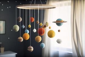 solare sistema fatto di provato, sospeso mobile sopra il bambino culla, bambino giocattoli, scienza per bambini. bambino culla mobile con stelle, pianeti e Luna. primo bambino eco-friendly giocattoli. ai generato Immagine. foto