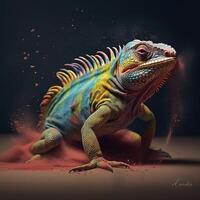 colorato iguana con polvere spruzzo , generativo ai foto