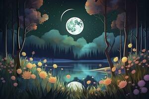 notte paesaggio ambiente raccogliere Luna al di sopra di un' luccicante lago lussureggiante vegetazione legno di betulla alberi, fiori, magico galassia. 3d disegno digitale arte, creare ai foto