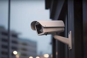 sicurezza telecamera su moderno costruzione. professionale sorveglianza macchine fotografiche. cctv su il parete nel il città. sicurezza sistema, tecnologia. video attrezzatura per sicurezza sistema la zona controllo all'aperto. ai generato. foto