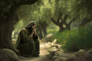 Gesù Cristo preghiere nel il giardino di oliva. ai generativ. foto