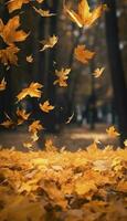 volante autunno acero le foglie su autunno sfondo. caduta foglie, di stagione bandiera con autunno fogliame, creare ai foto