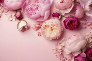 peonie, Rose su rosa sfondo con copia spazio. astratto naturale floreale telaio disposizione con testo spazio. romantico femminile composizione. nozze invito , creare ai foto