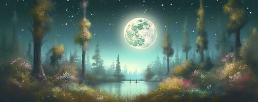 notte paesaggio ambiente raccogliere Luna al di sopra di un' luccicante lago lussureggiante vegetazione legno di betulla alberi, fiori, magico galassia. 3d disegno digitale arte, creare ai foto