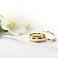 nozze anelli su nozze carta su un' bianca sfondo, confine design panoramico striscione., generat ai foto