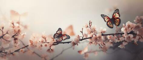 primavera striscione, rami di fioritura ciliegia contro il sfondo di blu cielo, e farfalle su natura all'aperto. rosa sakura fiori, sognante romantico Immagine molla, paesaggio panorama, creare ai foto