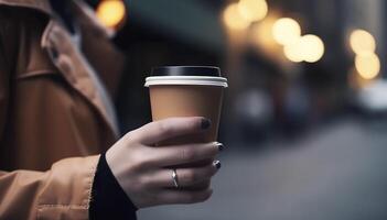 femmina mano con carta tazza di caffè prendere lontano. donna Tenere per partire prendere su caffè tazza, sfocato città strada su sfondo. ai generato Immagine. foto