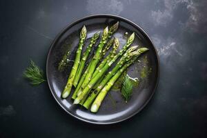 tradizionalmente grigliato verde asparago con erbe aromatiche come un' superiore Visualizza su un' moderno design piatto con copia spazio, creare ai foto