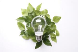 eco-friendly lampadina a partire dal fresco le foglie superiore Visualizza, concetto di rinnovabile energia e sostenibile vita, creato con generativo ai tecnologia foto