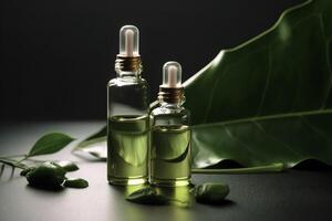 cosmetico siero nel un' bicchiere bottiglie con un' pipetta su un' buio sfondo con verde le foglie su un' buio sfondo. pelle cura siero, essenziale oli, terme e benessere. naturale cosmetico. ai generato. foto