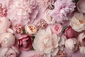 peonie, Rose su rosa sfondo con copia spazio. astratto naturale floreale telaio disposizione con testo spazio. romantico femminile composizione. nozze invito , creare ai foto