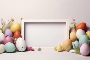 colorato Pasqua uova con bianca telaio copia spazio , generativo ai foto