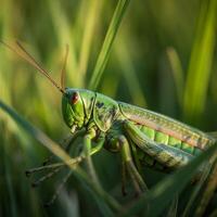 verde grasshoper nel locusta erba ai generato foto