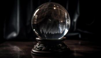un' cristallo palla su un' di legno tavolo generato di ai foto