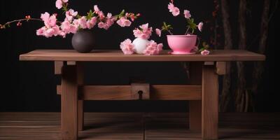 di legno tavolo con ciliegia fiorire ai generato foto