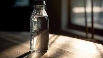 fresco acqua versa in trasparente bicchiere vaso generato di ai foto