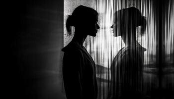 nero e bianca silhouette Abbracciare una persona nel finestra generato di ai foto