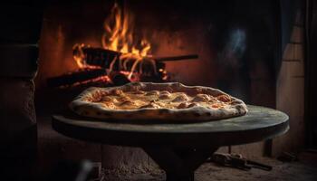 appena al forno fatti in casa Pizza su rustico tavolo generato di ai foto