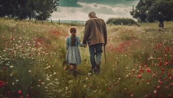 famiglia abbraccia natura nel un' bellissimo prato generato di ai foto