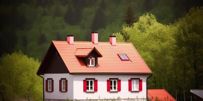 un' piccolo Casa con un' rosso tetto ai generato foto