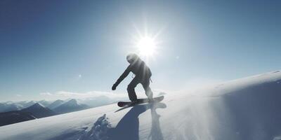 snowboarder è andando giù su un' montagna ai generato foto