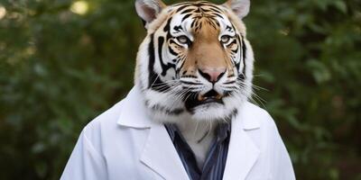 tigre indossare un' laboratorio cappotto ai generato foto