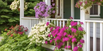 fioritura fiori su il veranda Casa ai generato foto