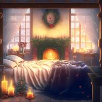 accogliente Natale interno con grande finestra letto, camino e candele, neurale Rete generato arte foto