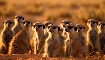 piccolo, carino suricati nel un' riga in attesa pazientemente generato di ai foto